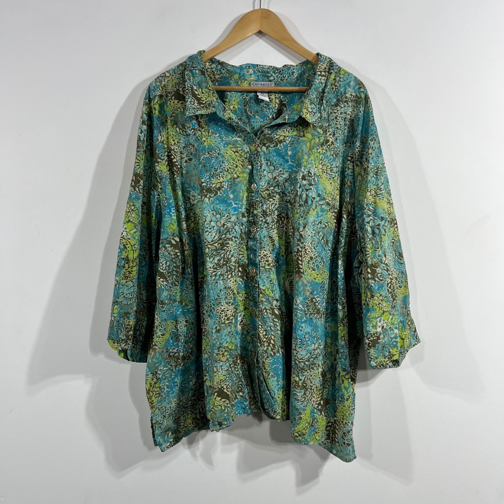 Catherines Boho Artsy Paisley Cotton Button Front 3/4 Sleeve Top Womens 5X